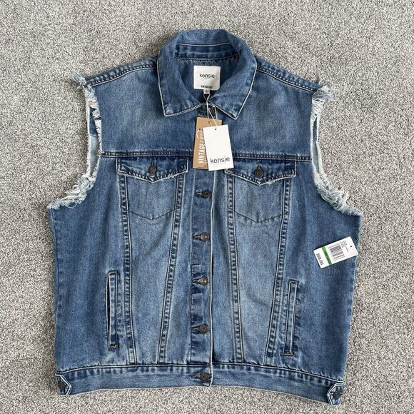 Kensie Jeans Vintage Luxe Denim Vest Stretch Trucker Frayed Size Large New - Picture 1 of 14